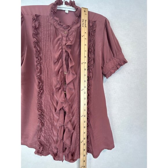Y2K Ruffle Button Up Blouse Womens S Short Puff Sleeves Mauve Mandarin Collar - Picture 13 of 13